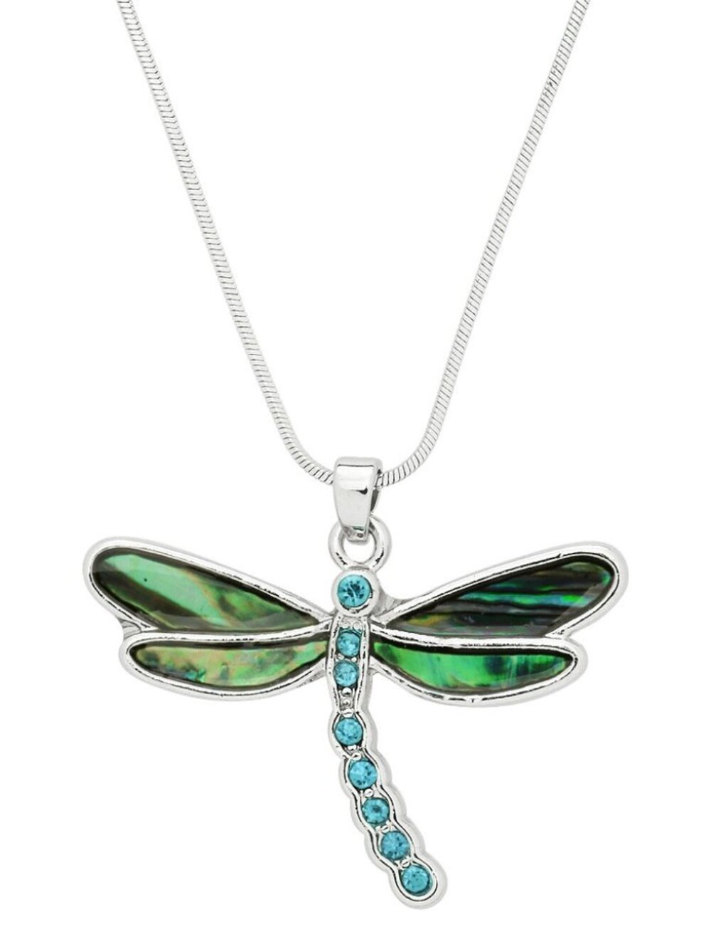 Dragonfly Necklace Turquoise Crystal Rhinestone Wings SILVER